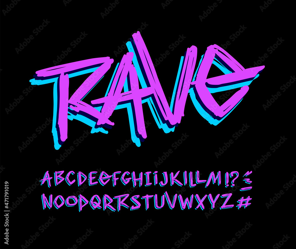 Poster rave - hand drown style type font and vector doodle style alphabet. set for print tee and poster des