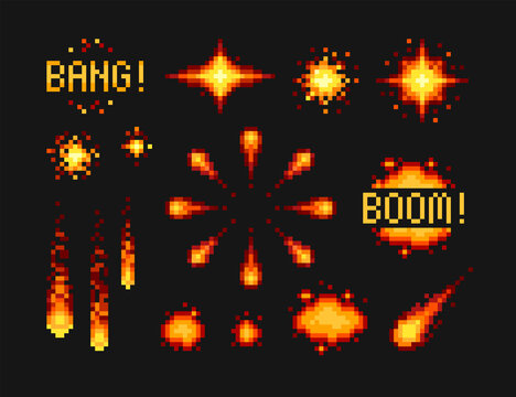 Pixel art Explosion set with "boom" and "bang", comic style burst vector template.  Pixel fireball. 8-bit flashes and sparks for retro video game design. Game icon set