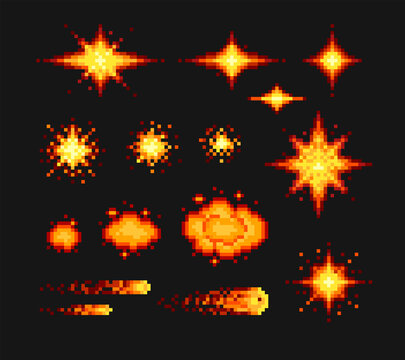 Pixel art cosmic Explosion vector set with flashes and sparks isolated on white. Game comic boom icon set. 8-bit burst animation for retro video game design