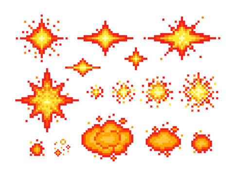 Pixel art cosmic Explosion vector set with cartoon flashes and sparks isolated on white. 8-bit burst animation for retro video game design