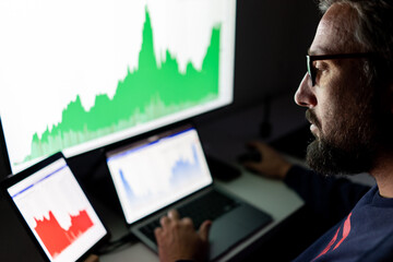 Crypto trader investor analyst looking at screen analyzing financial graph data on pc monitor, online stock exchange market ,over shoulder view. 