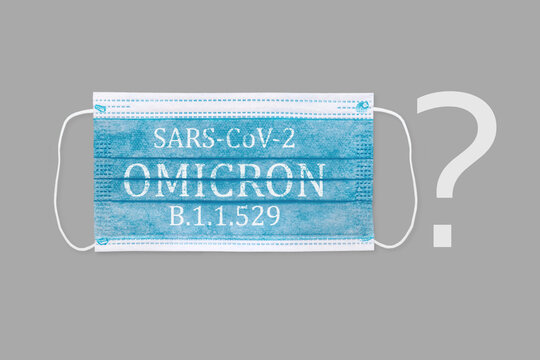 Face masks with inscriptions SARS COV 2 Omicron . Covid 19 alpha, beta, gamma, delta, lambda, mu, omicron variants outbreak around the world.