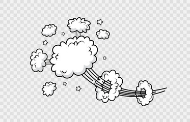 Comic cloud. Funny balloon. Speech bubble in pop art style. Cartoon element. Message shape with speed effect. Explosion bomb frame. Sky air object. Vector illustration. - obrazy, fototapety, plakaty