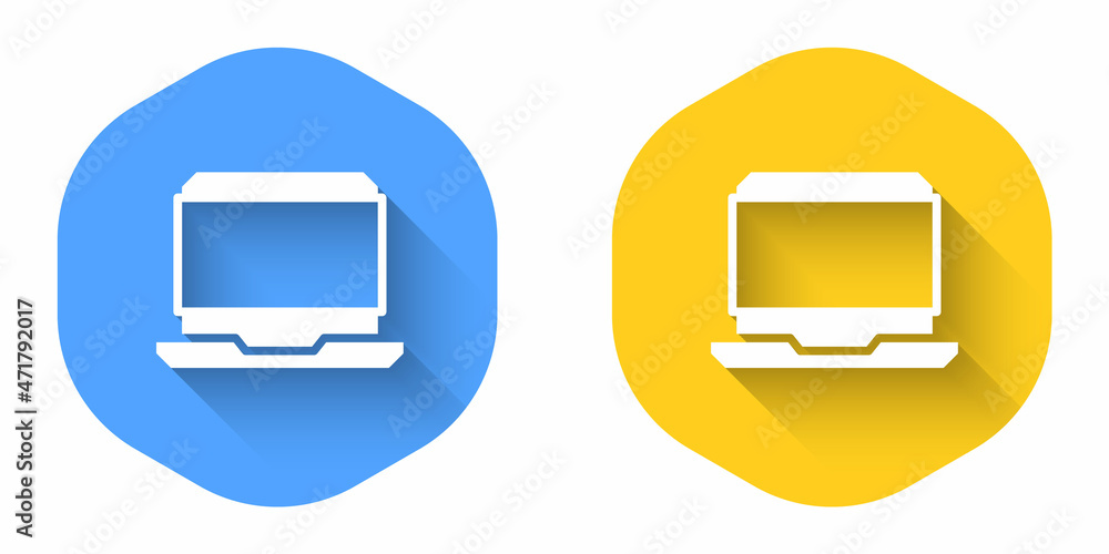 Poster White Laptop icon isolated with long shadow background. Computer notebook with empty screen sign. Circle button. Vector