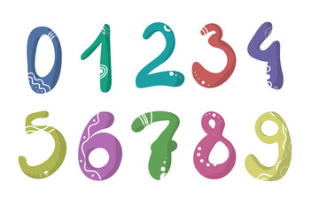 Cute Number Character zero one two three four five six seven eight nine cartoon doodle set.