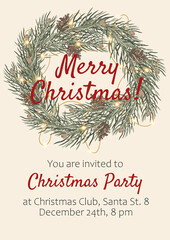 Obraz na płótnie Canvas A new Christmas invitation card for a party, a solid background for text editing, with an image of fir branches with cones and a bright garland.For printing or online mailing.