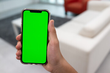 Hand in modern living room via smart home on mobile phone with blank green screen. High quality...