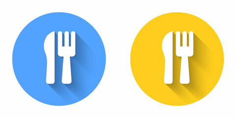 White Crossed knife and fork icon isolated with long shadow background. Cutlery symbol. Circle button. Vector