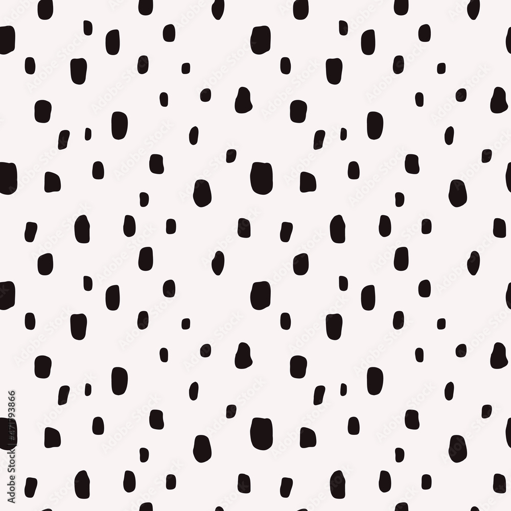 Poster Black spots are randomly scattered across the white canvas. Seamless vector background with shapeless spots.