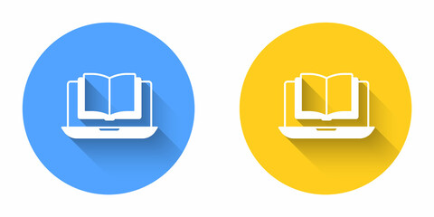 White Online class icon isolated with long shadow background. Online education concept. Circle button. Vector