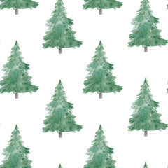 Watercolor seamless pattern of christmas tree. Hand-drawn illustration isolated on the white background