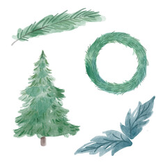 Watercolor set of christmas tree and branch. Hand-drawn illustration isolated on the white background