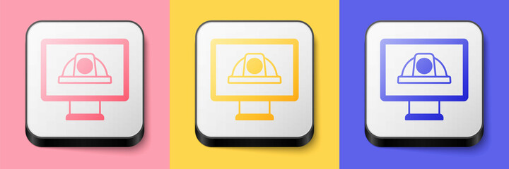 Isometric Worker safety helmet icon isolated on pink, yellow and blue background. Square button. Vector