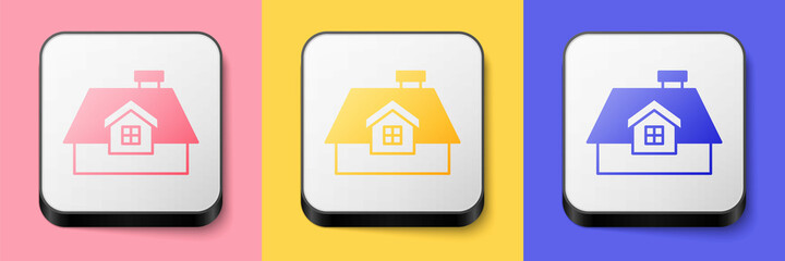 Fototapeta na wymiar Isometric House icon isolated on pink, yellow and blue background. Home symbol. Square button. Vector