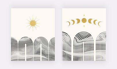 Mid century geometric arch, moon phases and sun wall art print
