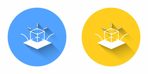 White 3d modeling icon isolated with long shadow background. Augmented reality or virtual reality. Circle button. Vector