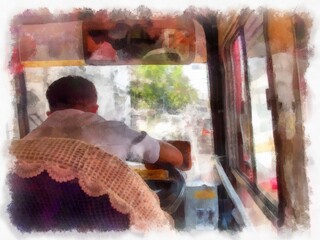 Bus Driver in Bangkokwatercolor style illustration impressionist painting.