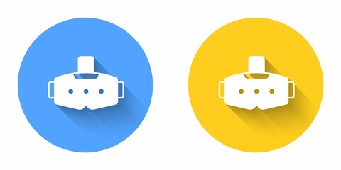White Virtual reality glasses icon isolated with long shadow background. Stereoscopic 3d vr mask. Optical head mounted display. Circle button. Vector