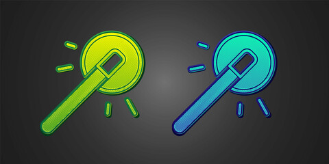 Green and blue Magic wand icon isolated on black background. Star shape magic accessory. Magical power. Happy Halloween party. Vector