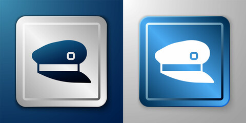 White Train driver hat icon isolated on blue and grey background. Silver and blue square button. Vector