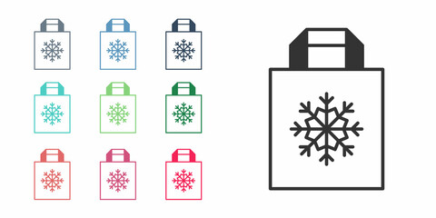 Black Christmas paper shopping bag with snowflake icon isolated on white background. Package sign. Merry Christmas and Happy New Year. Set icons colorful. Vector