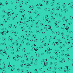 Black Plane in hand icon isolated seamless pattern on green background. Flying airplane. Airliner insurance. Security, safety, protection, protect concept. Vector