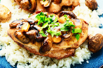 Chicken meat with mushroom sauce and rice