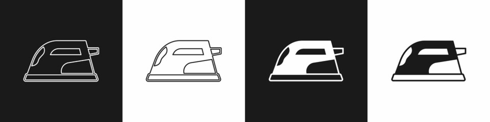 Set Electric iron icon isolated on black and white background. Steam iron. Vector