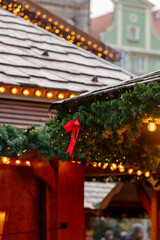 Decoration of Christmas fair houses in old town market of Wroclaw, Poland in 2021
