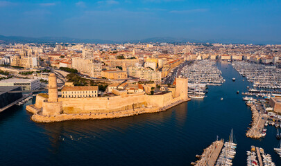 Aerial panoramic view of seaside areas of French city of Marseille on Mediterranean coast...