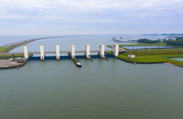 Panorama aerial view of the water flood system. IJsselmeer on the right and Markermeer on the left....