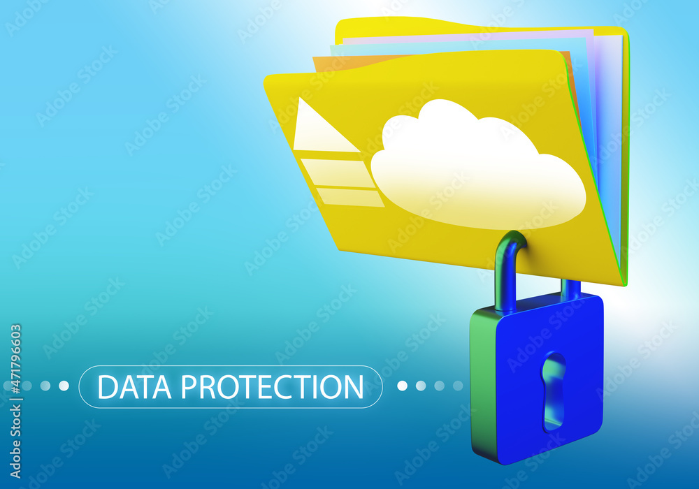 Poster data protection. padlock symbolizes concern for preservation. cloud storage protection. caring for p