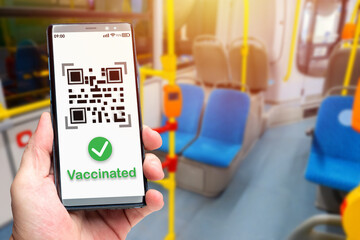 QR code is vaccinated in phone. Concept - access to public transport for vaccinated. Vaccination...