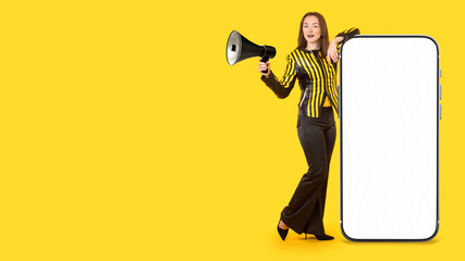Big smartphone. Woman with megaphone leans on phone. Advertising collage with mobile phone. Lady recommends mobile application. Mock up phone on yellow. Place for your online advertising. Copy space