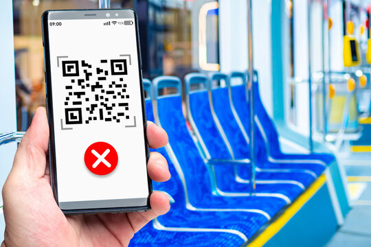 QR technology. Barcode in smartphone screen. Mobile phone with QR key. Concept - QR code for access to transport. Selective focusing. Metaphor for bus fare applications. Quick Response code