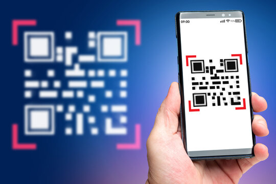 Mobile QR code. Smartphone in hand of man. Scan QR key. Concept of authorization using bar code. Metaphor of identification via QR link. Quick Response code. Dot matrix barcode in phone - Powered by Adobe