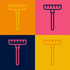 Pop art line Garden rake icon isolated on color background. Tool for horticulture, agriculture, farming. Ground cultivator. Housekeeping equipment. Vector