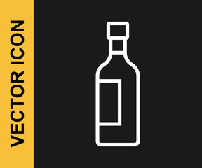 White line Bottle of wine icon isolated on black background. Vector