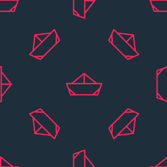 Red line Folded paper boat icon isolated seamless pattern on black background. Origami paper ship. Vector