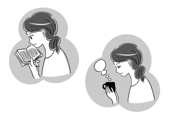 読書とお茶を飲む女性のイラスト
