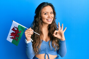Young hispanic girl holding wales flag doing ok sign with fingers, smiling friendly gesturing excellent symbol
