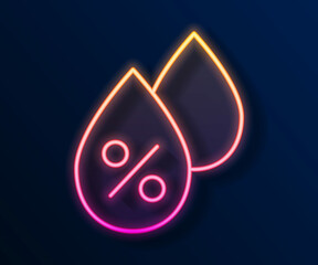 Glowing neon line Water drop percentage icon isolated on black background. Humidity analysis. Vector