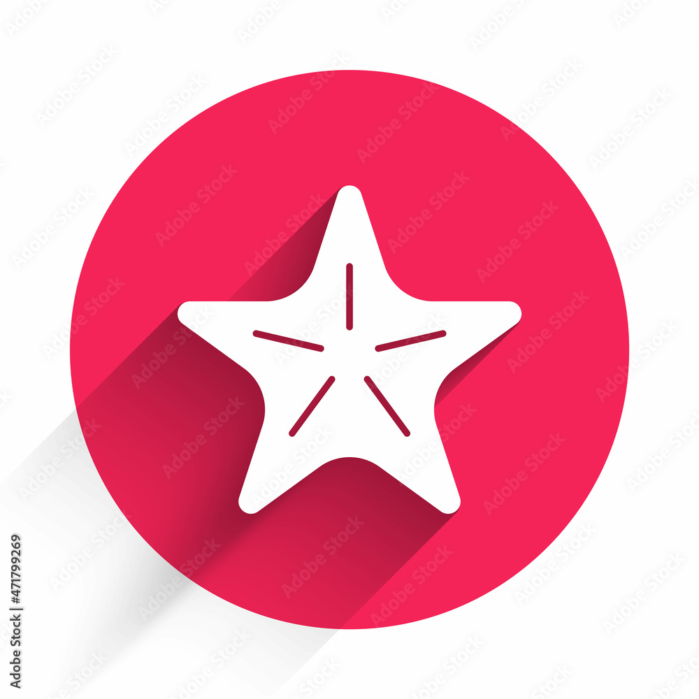 Poster white starfish icon isolated with long shadow. red circle button. vector