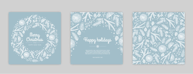 Merry Christmas and Happy New Year Set of backgrounds, greeting cards, posters, holiday covers.