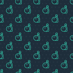 Fototapeta premium Green line Bowling pin and ball icon isolated seamless pattern on blue background. Sport equipment. Vector