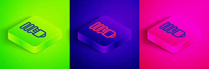 Isometric line LED light bulb icon isolated on green, blue and pink background. Economical LED illuminated lightbulb. Save energy lamp. Square button. Vector