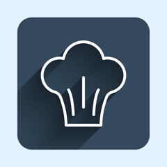 White line Chef hat icon isolated with long shadow background. Cooking symbol. Cooks hat. Blue square button. Vector