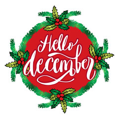 Hello December hand lettering. Greeting card concept.