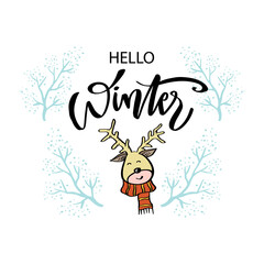 Hello winter greeting card with deer.