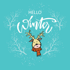 Hello winter greeting card with deer.